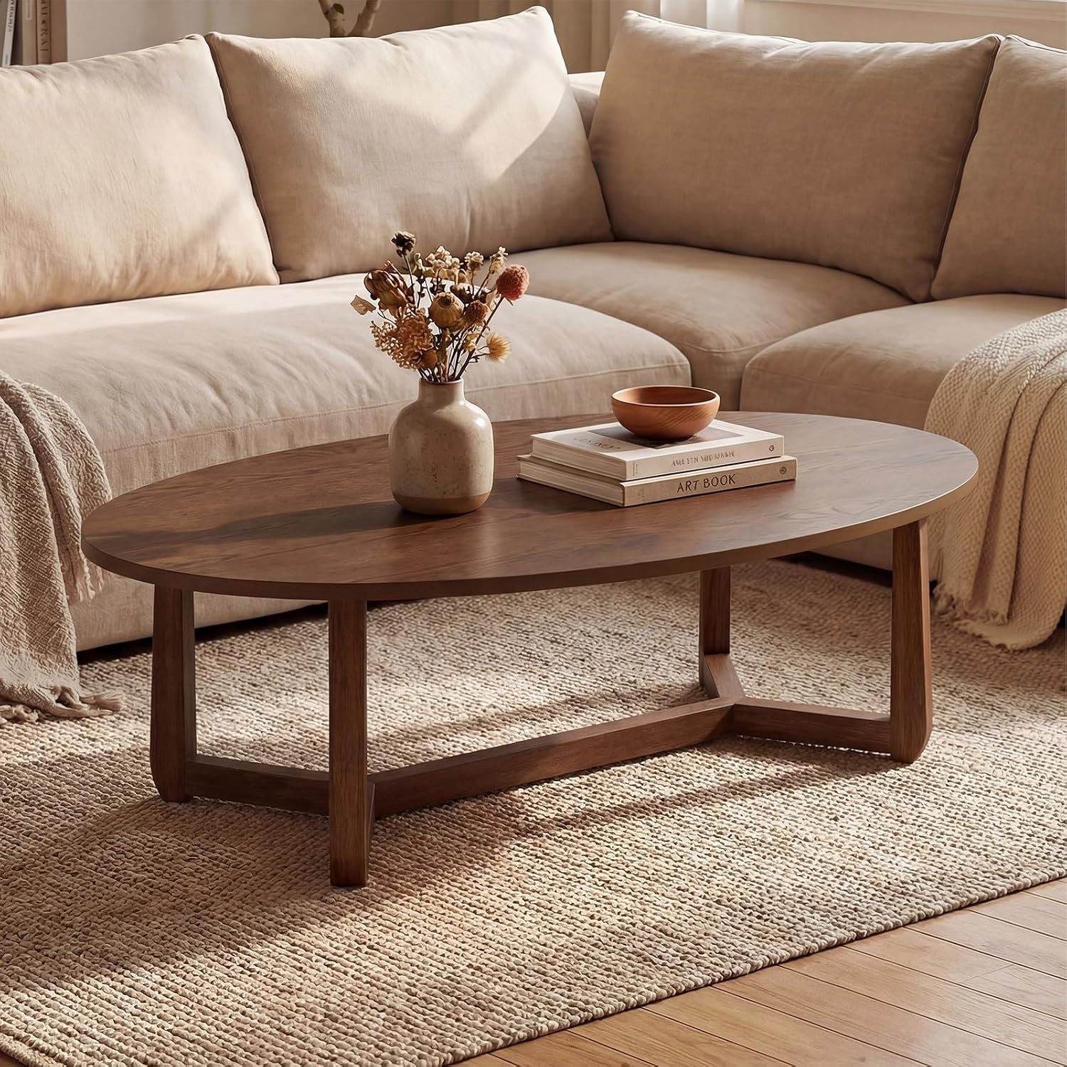 Coffee Tea Display - Oval Coffee Table, Wood Center Table,