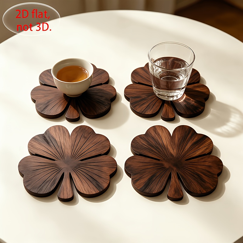 Coffee Tea Game - 4Pcs 2D Flat Clover Wooden Coasters,